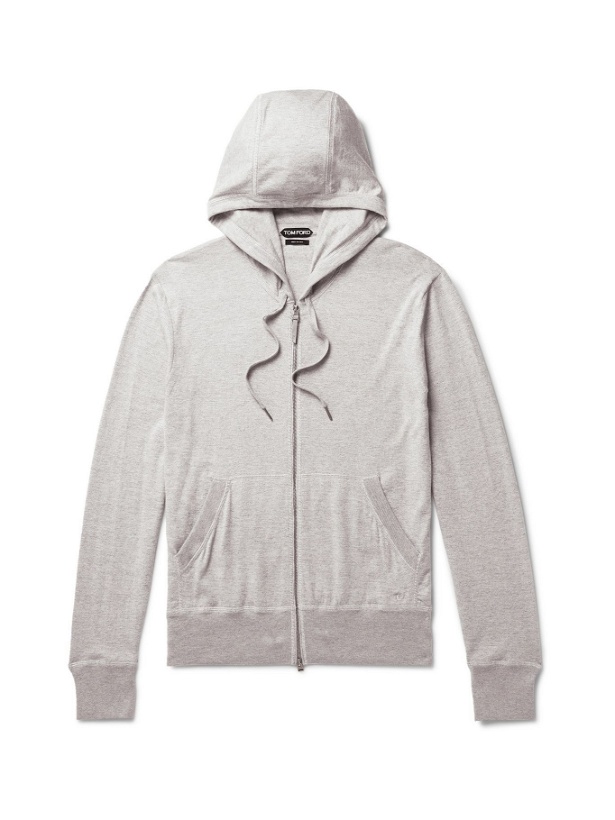 Photo: TOM FORD - Mélange Cotton, Silk and Cashmere-Blend Zip-Up Hoodie - Gray
