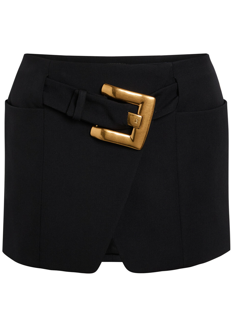 Balmain Belted Wool Mini Wrap Skirt Black