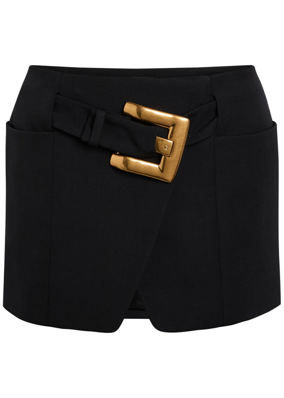 Photo: Balmain Belted Wool Mini Wrap Skirt Black