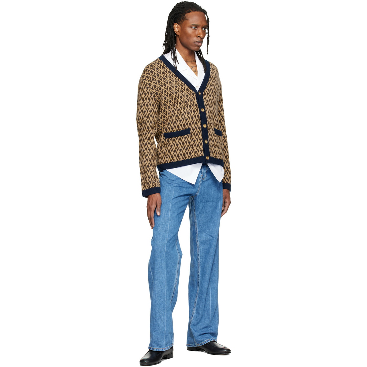 Valentino Beige & Navy Jacquard Logo Wool Cardigan