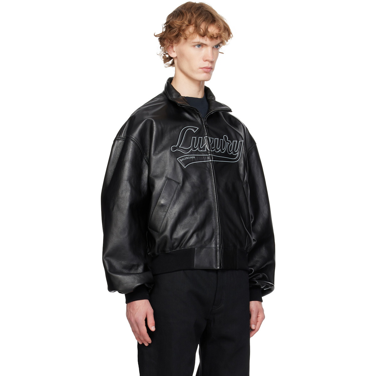 Balenciaga Black Smooth Semi Grainy Leather Bomber Jacket