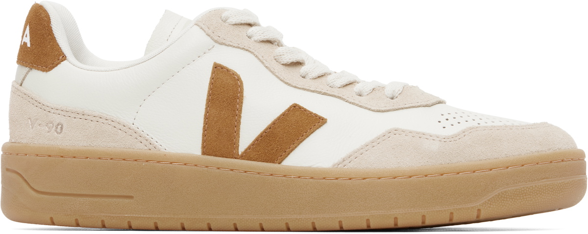 VEJA Off-White & Tan V-90 Leather Sneakers