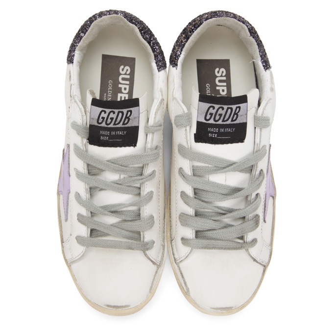 Golden Goose White and Purple Glitter Heel Superstar Sneakers Golden Goose  Deluxe Brand
