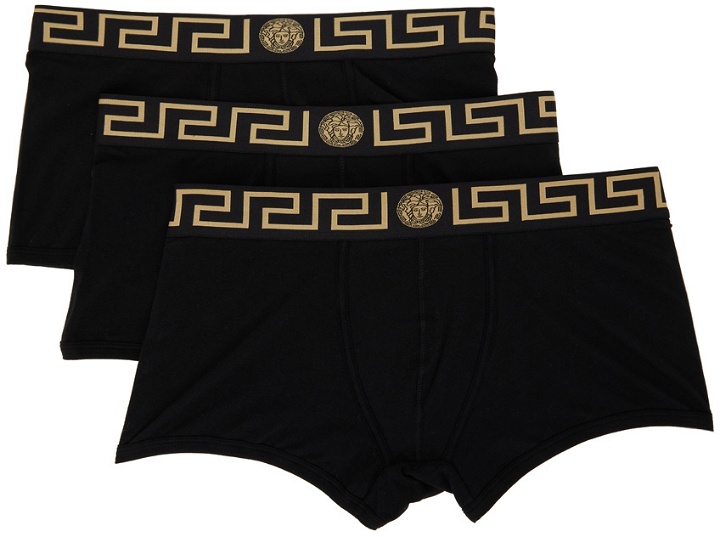 Photo: Versace Underwear Three-Pack Black Greca Border Trunk Boxer Briefs