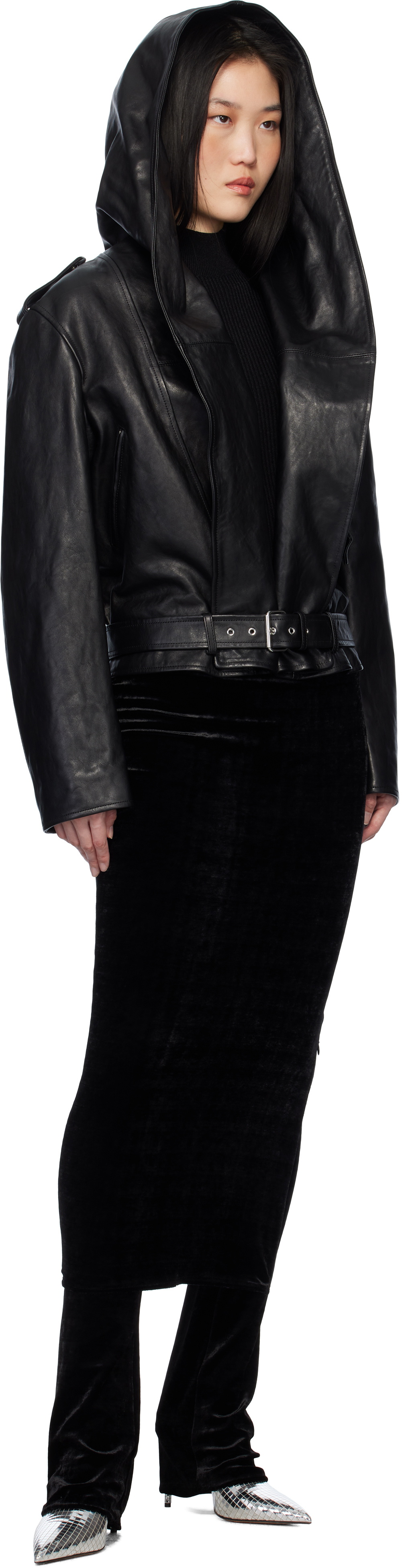 ALAÏA Black Hooded Biker Leather Jacket