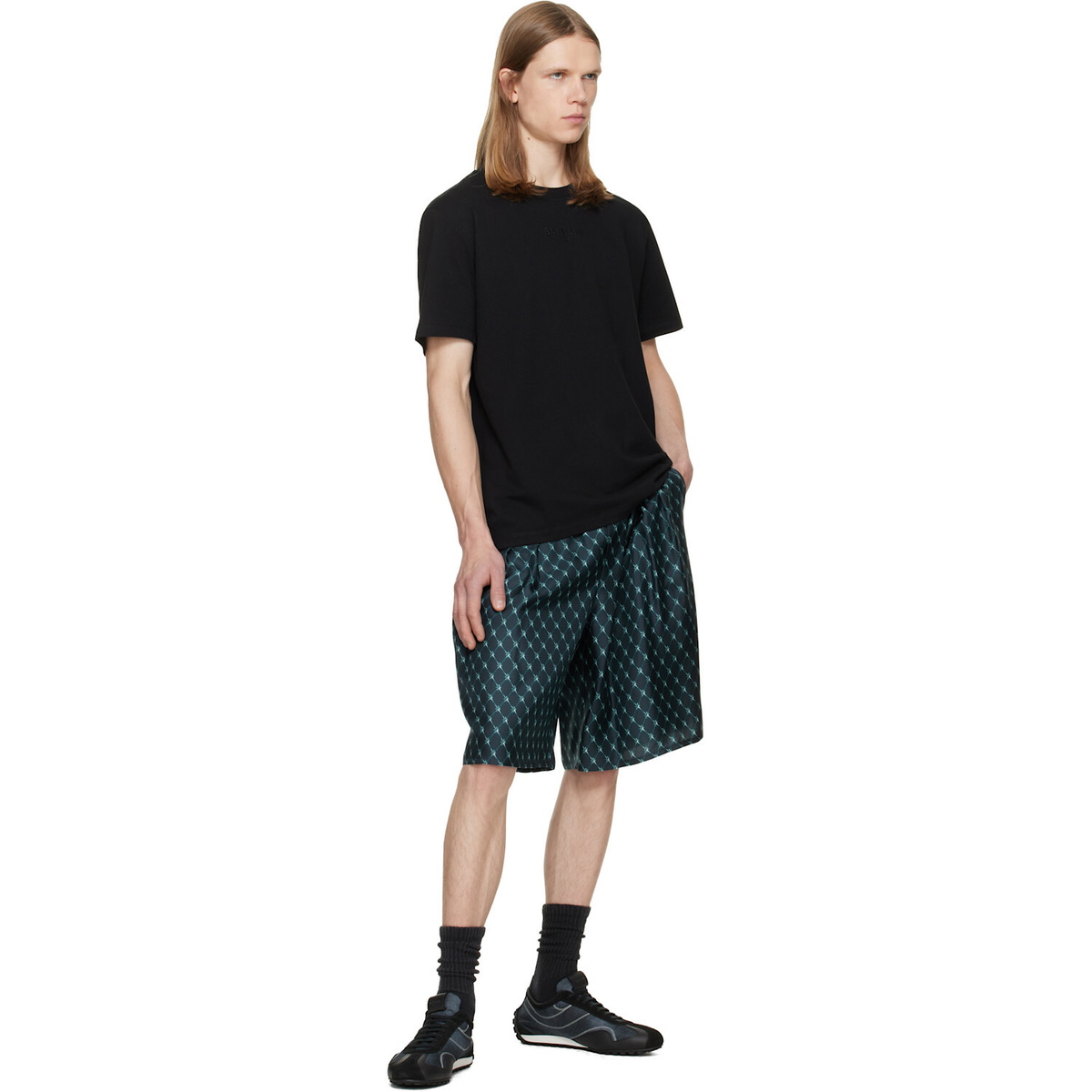 BALMAIN Blue Grid Print Silk Loose Pyjama Shorts