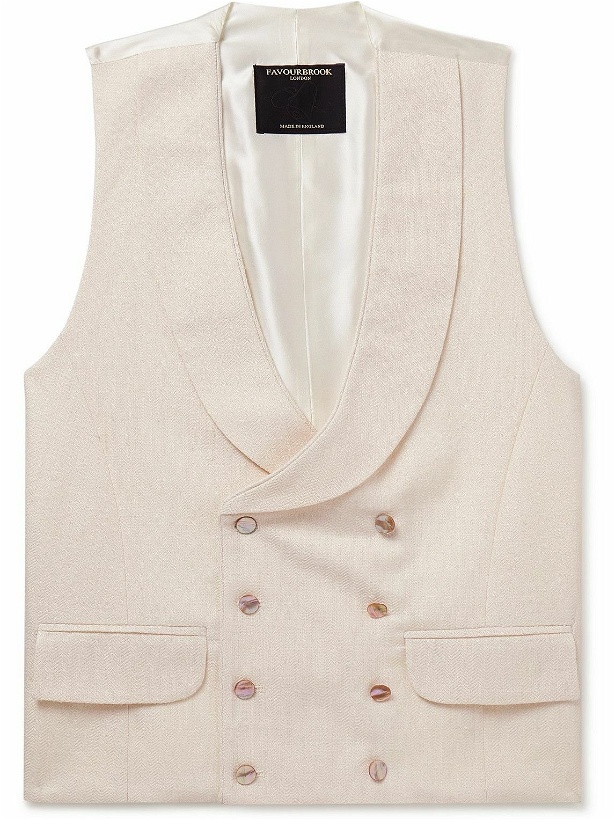 Photo: Favourbrook - Slim-Fit Shawl-Collar Double-Breasted Herringbone Linen-Blend and Satin Waistcoat - Neutrals