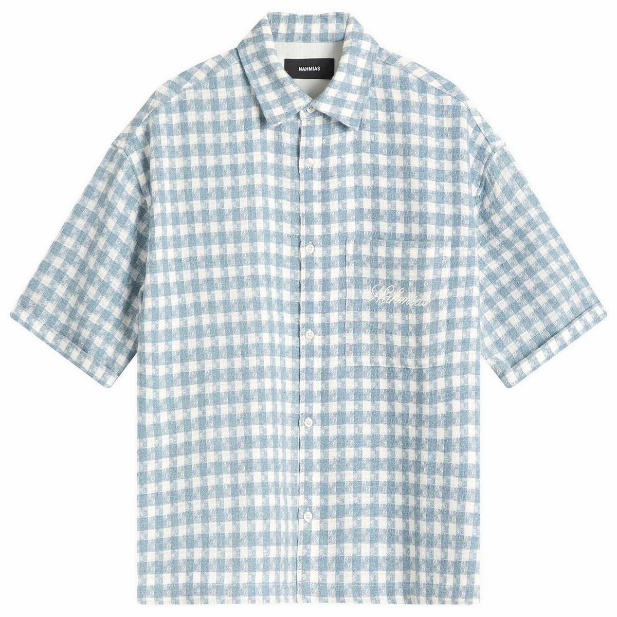 Nahmias Men's Plaid Cropped Short Sleeve Shirt in Steel Blue Plaid