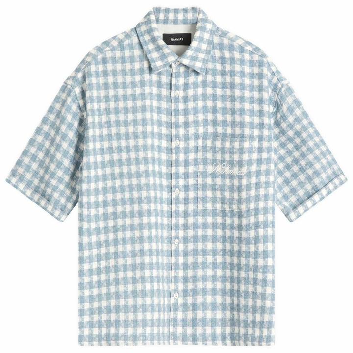 Photo: Nahmias Men's Plaid Cropped Short Sleeve Shirt in Steel Blue Plaid