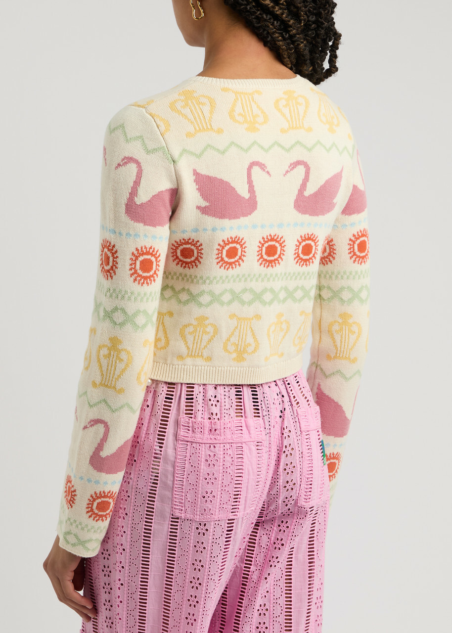 Kitri Carmel Swan-intarsia Cotton-blend Cardigan Ivory