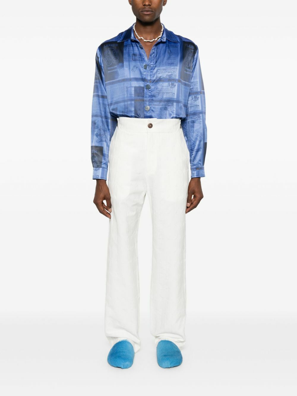 Labrum London Blue Passport-Print Satin Shirt