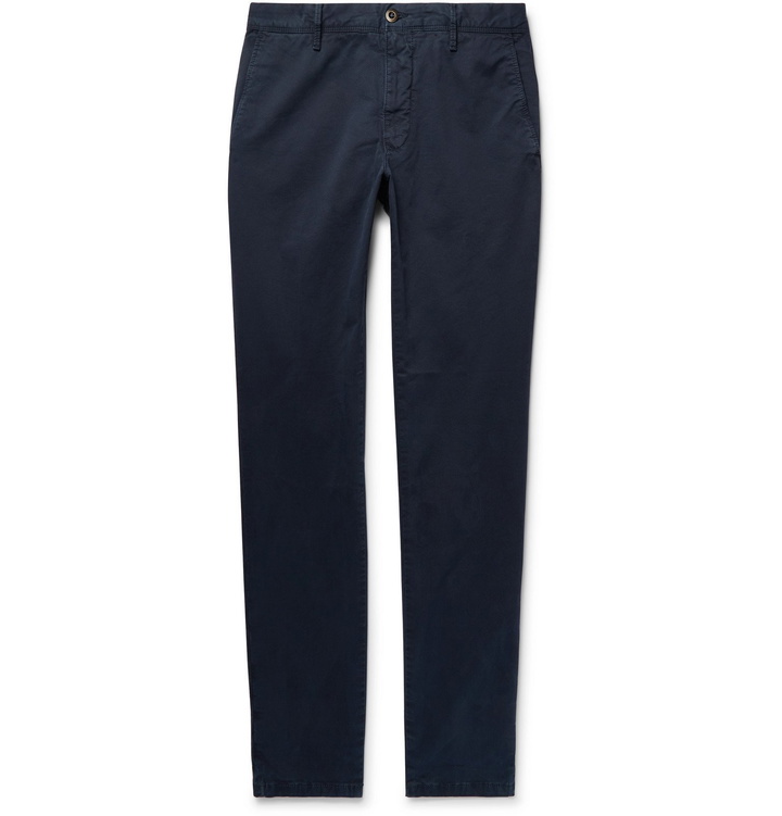 Photo: Incotex - Storm-Blue Slim-Fit Printed Cotton-Blend Twill Trousers - Blue