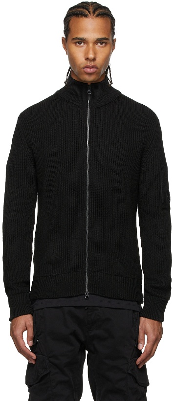 Photo: C.P. Company Black Wool Stand Collar Zip-Up Sweater