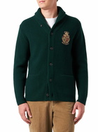MC2 Saint Barth Man Shawl Collar Green Ribbed Cardigan With Pockets And Patch