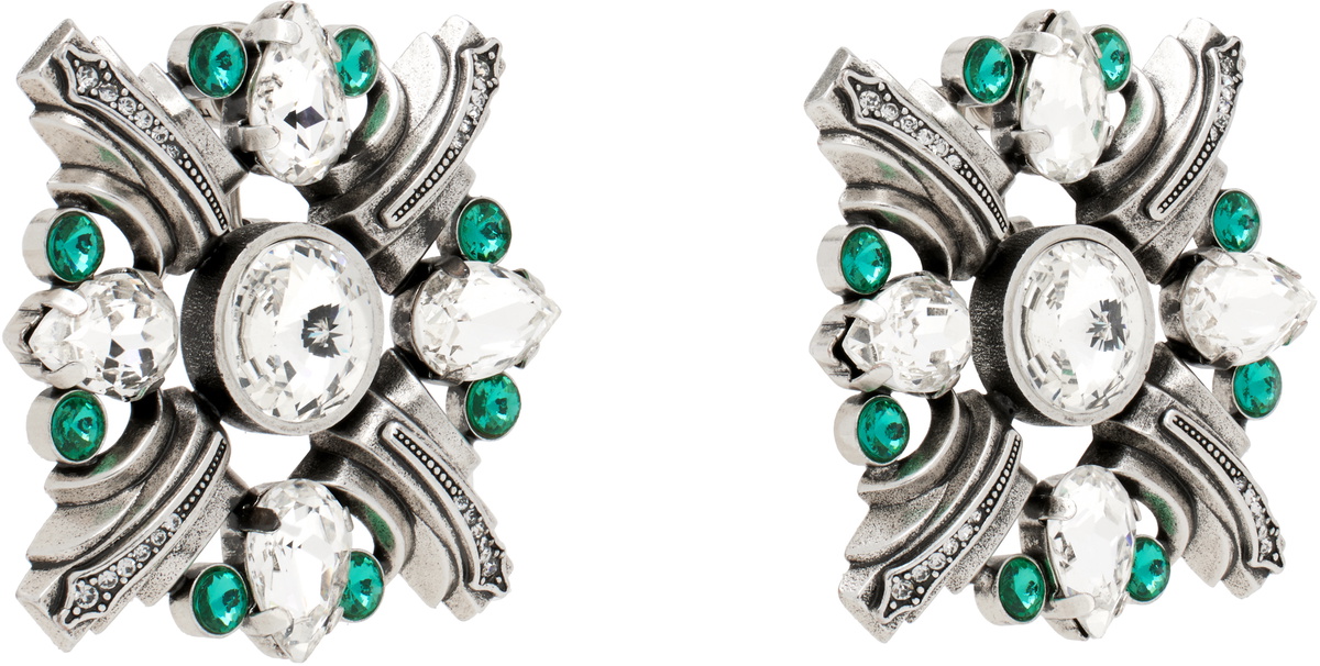 AREA Silver & Green Crystal Brooch Earrings