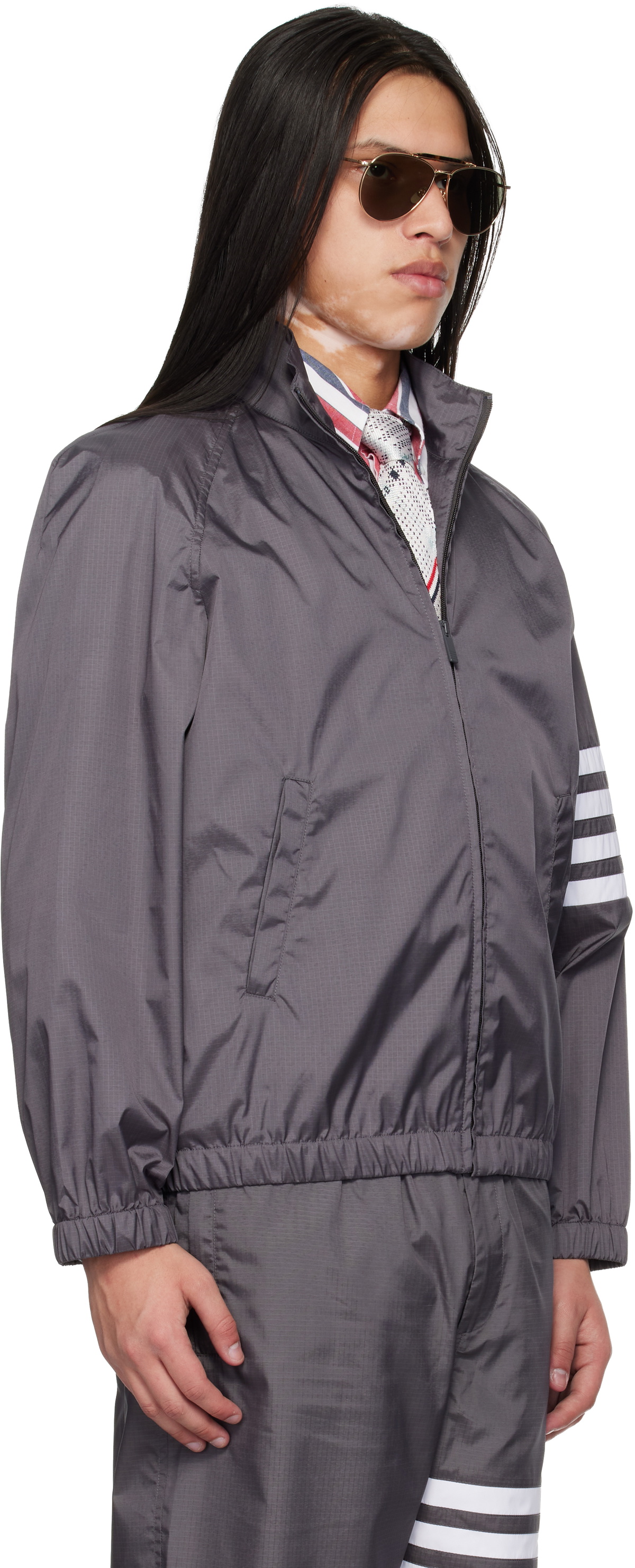 Thom Browne Gray Shiny Ripstop Raglan 4-Bar Track Jacket