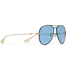 Gucci - Aviator-Style Black and Gold-Tone Sunglasses - Blue