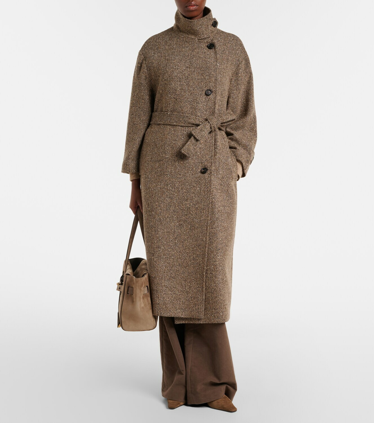 Brunello Cucinelli Belted herringbone wool-blend coat