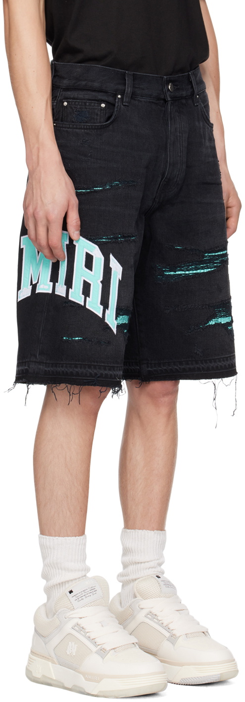 AMIRI Black Embroidered Varsity Logo Repair Denim Shorts Amiri