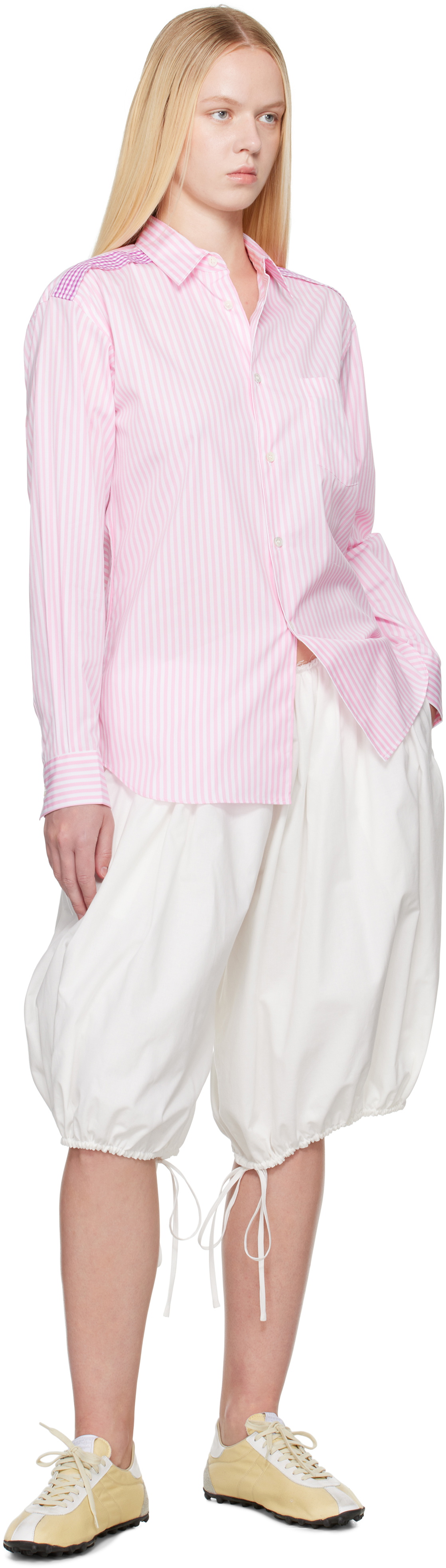 Comme des Garçons Shirt Pink & White Striped Gingham Trim Shirt