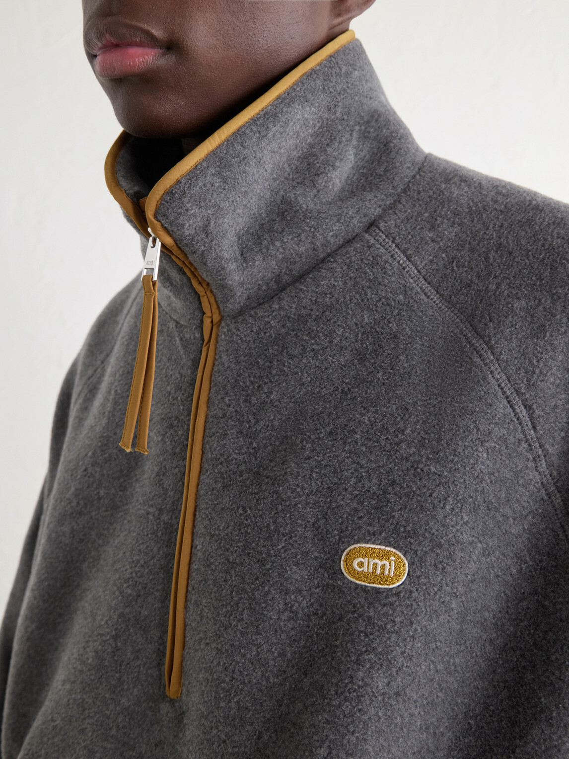 AMI PARIS - Logo-Appliquéd Shell-Trimmed Fleece Half-Zip Sweater - Gray