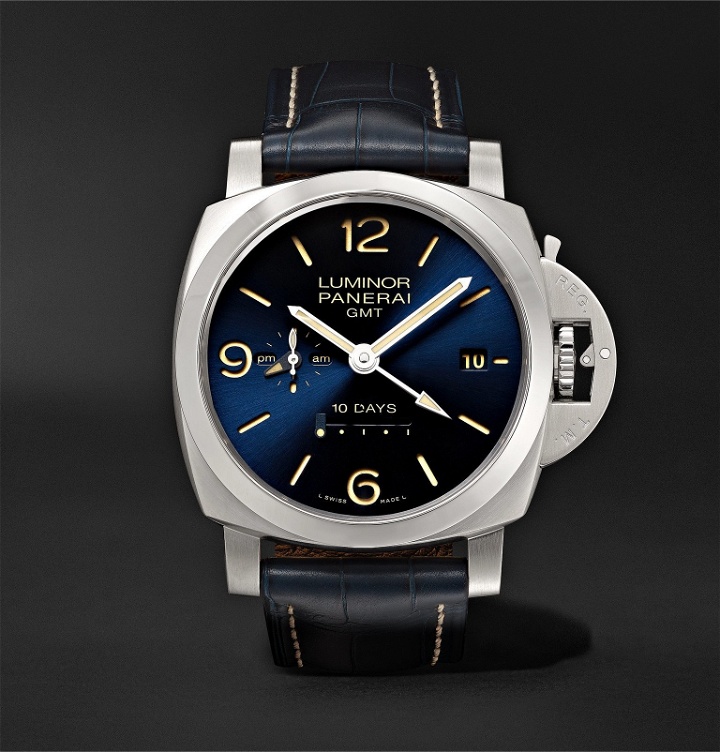 Photo: Panerai - Luminor 1950 10 Days GMT Automatic 44mm Stainless Steel and Alligator Watch, Ref. No. PNPAM00986 - Blue