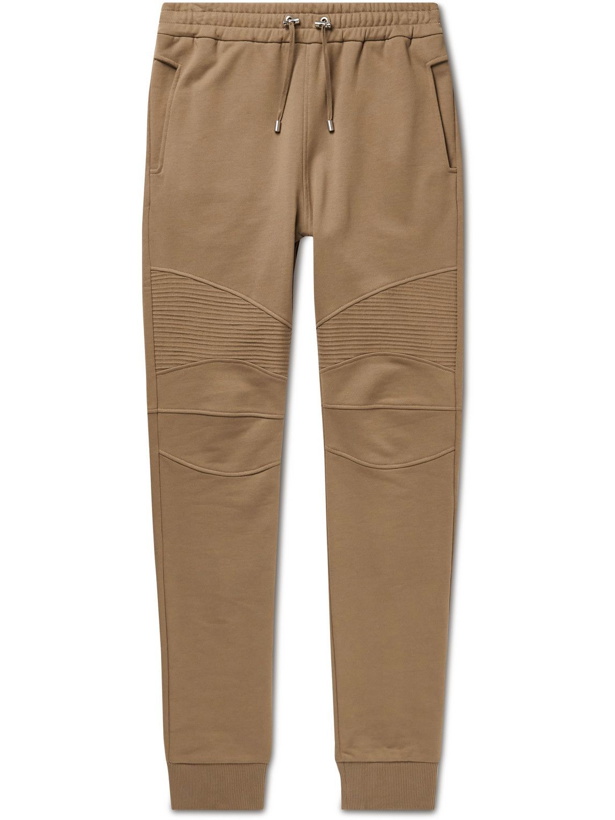 Photo: Balmain - Skinny-Fit Logo-Flocked Cotton-Jersey Sweatpants - Brown