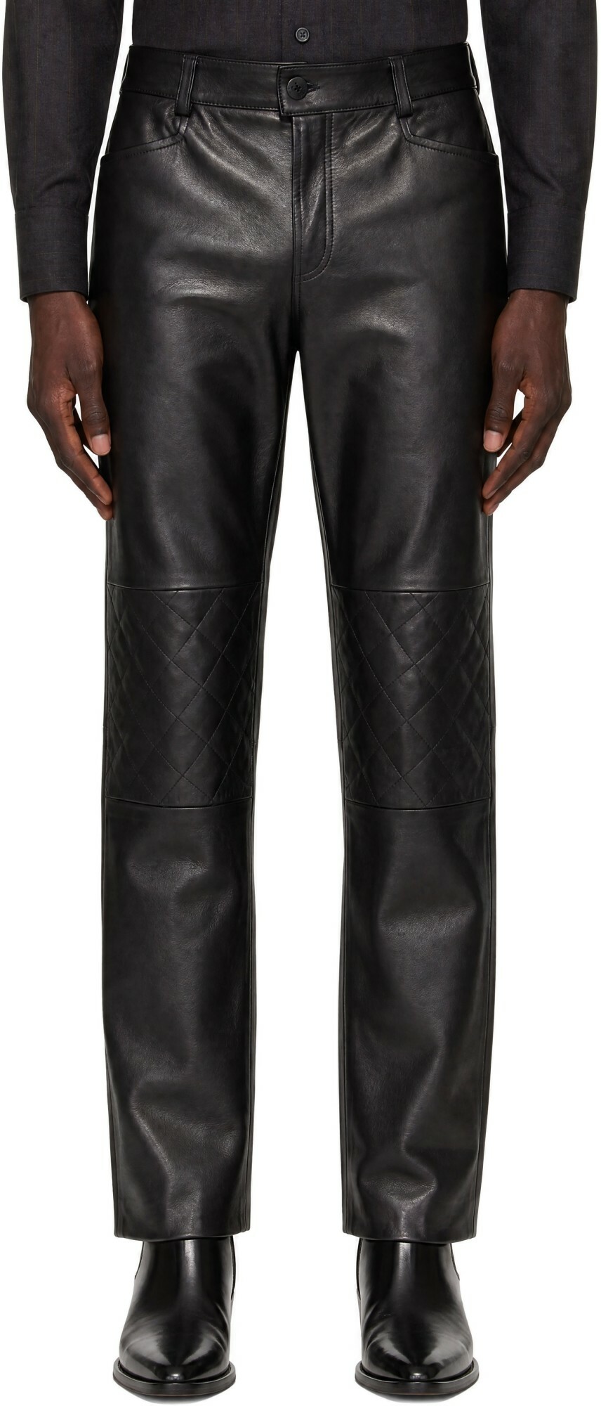 Ernest W. Baker Black Quilted Knee Leather Trousers