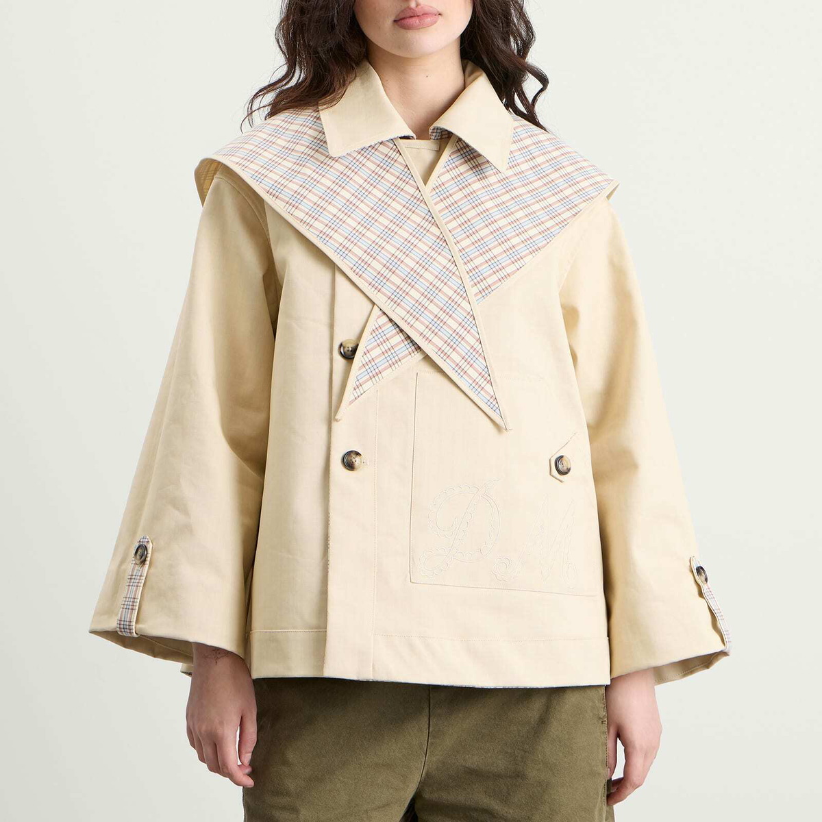 Damson Madder Women's Jerry Reversible Crop Trench Coat in Stone