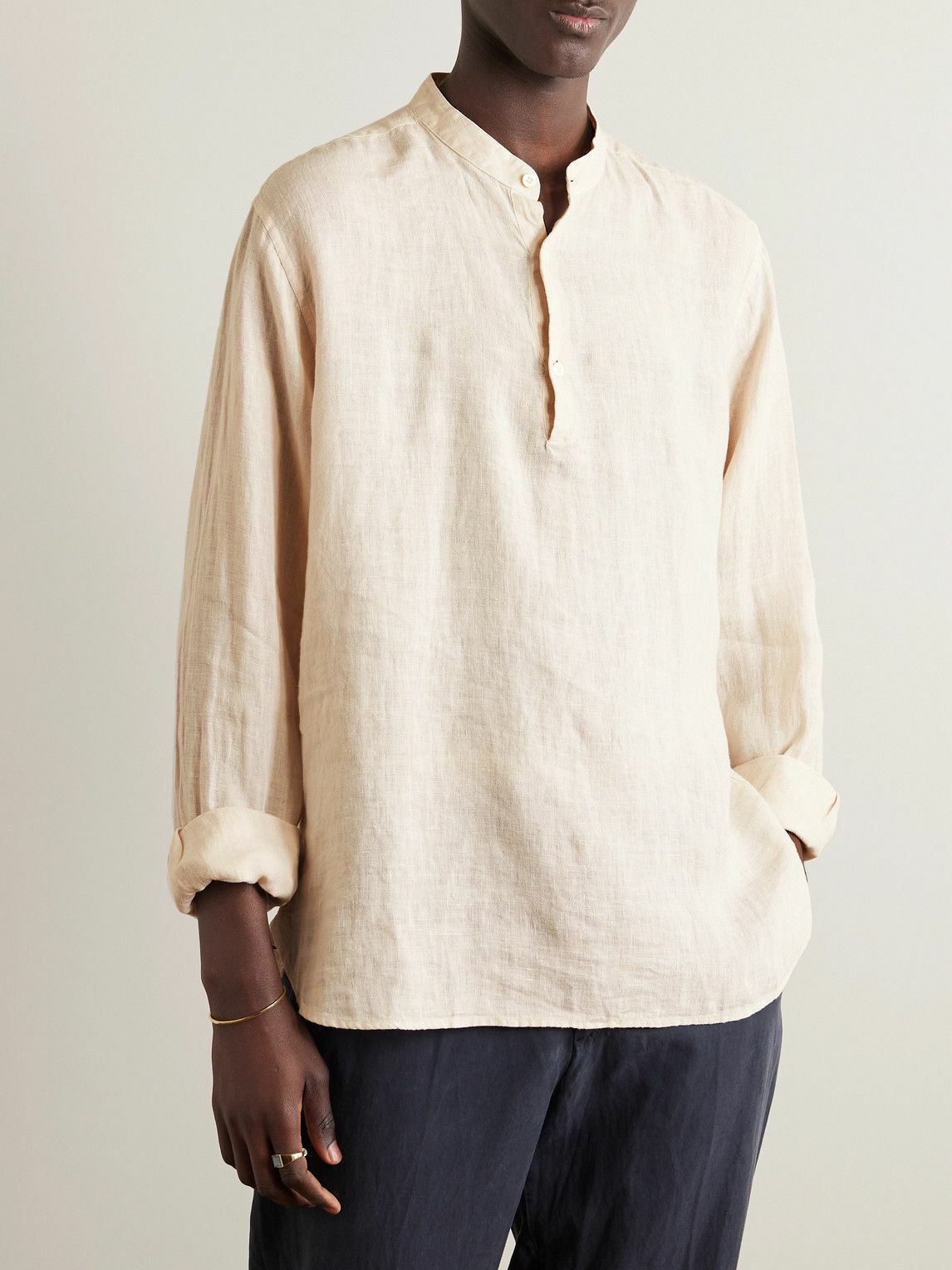 Mr P. - Mandarin-Collar Garment-Dyed Half-Placket Linen