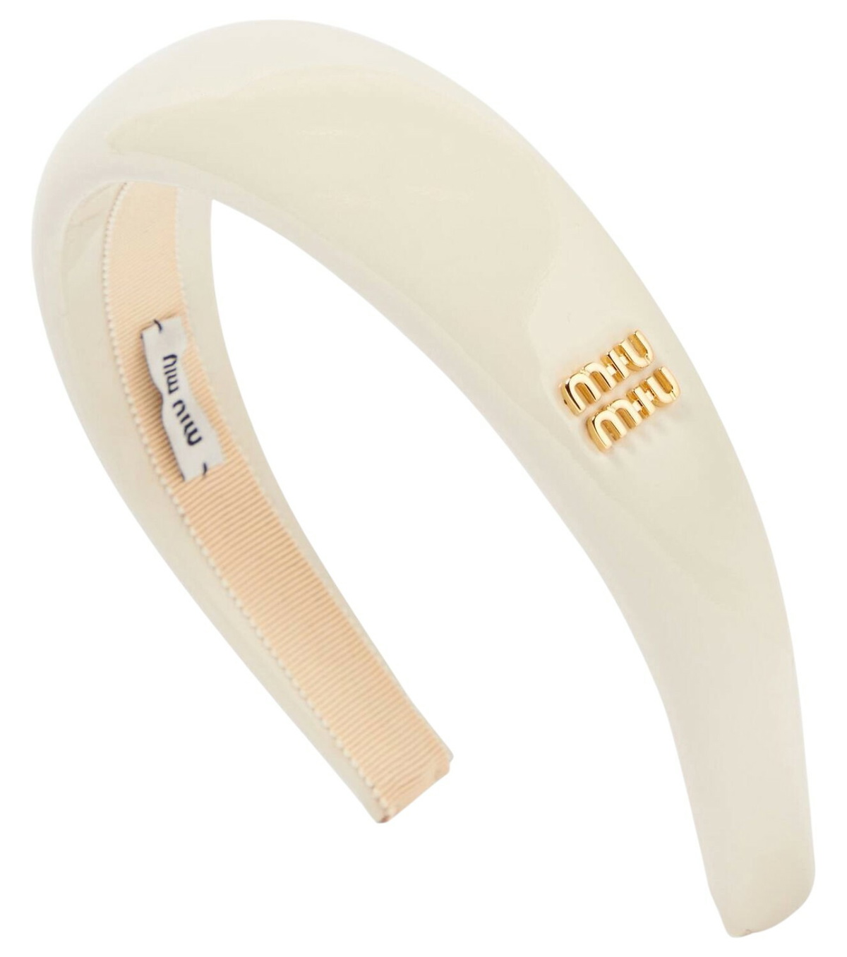 Miu Miu Womens Light Pink Logo Headband With Gold Lettering Miu Miu // Pink & Gold Patent Leather Headband – VSP Consignment main image 2