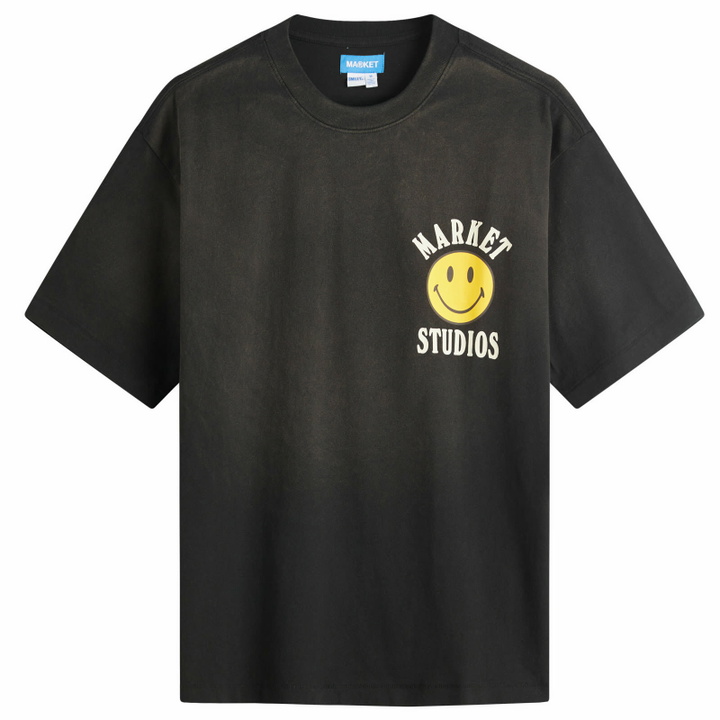 Photo: MARKET Men's Smiley Lockup T-Shirt in Jet-Set-Black