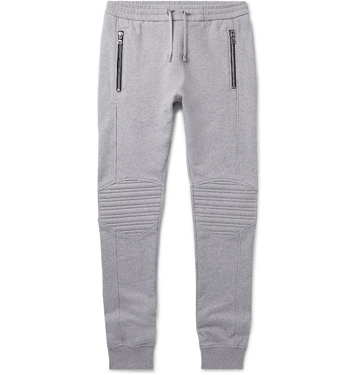 Photo: BALMAIN - Slim-Fit Logo-Embossed Cotton-Jersey Sweatpants - Gray
