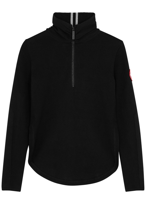 Photo: Canada Goose Women's Small Black Fairhaven Half-Zip Wool Jumper Detailed With Reflective Stripes
