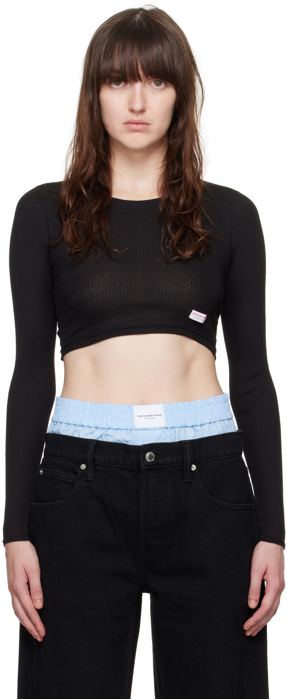 Cropped Long-Sleeve Tee in Ribbed Cotton Jersey in LIGHT