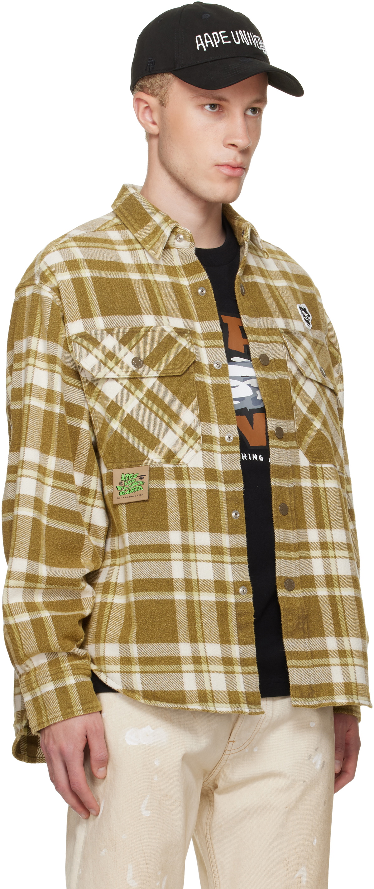 AAPE by A Bathing Ape Khaki Moonface Check Long Sleeve Shirt