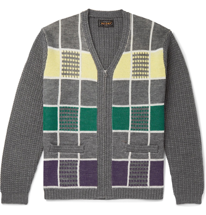 Photo: Beams Plus - Checked Wool Zip-Up Cardigan - Gray