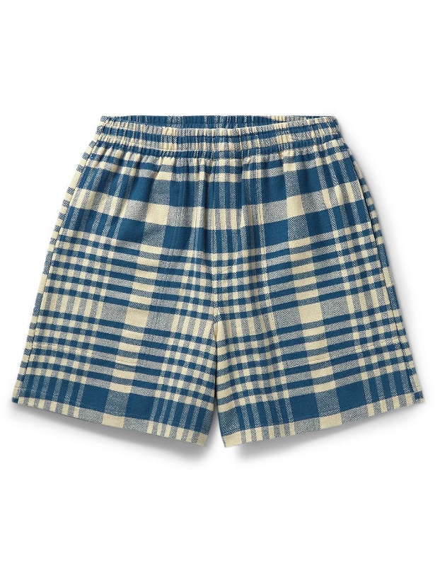 Photo: BODE - Putnam Wide-Leg Checked Brushed Cotton-Flannel Shorts - Blue