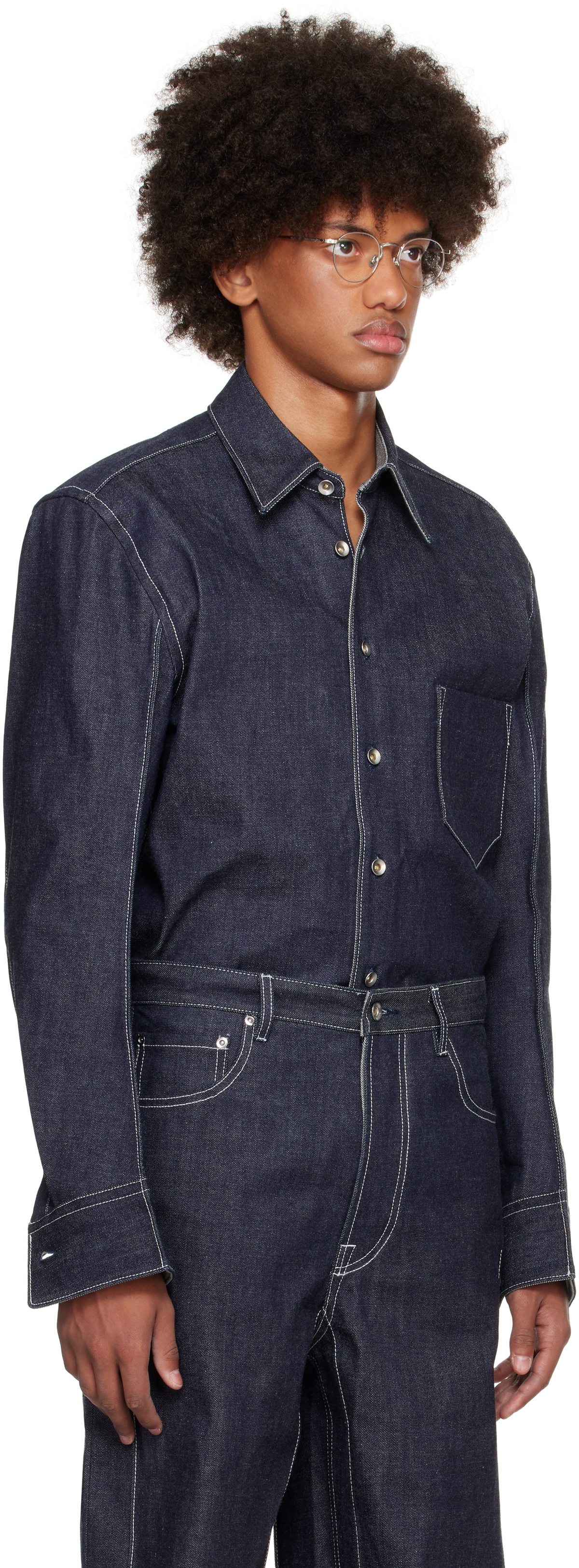 Karmuel Young Navy Raw Curved Arm Denim Shirt