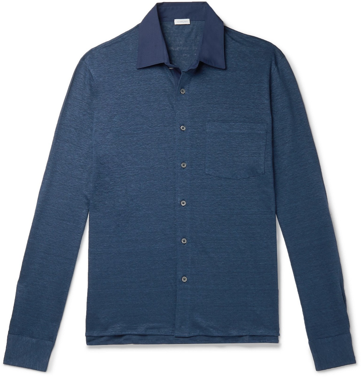 Caruso - Poplin-Trimmed Slub Linen Shirt - Blue Caruso
