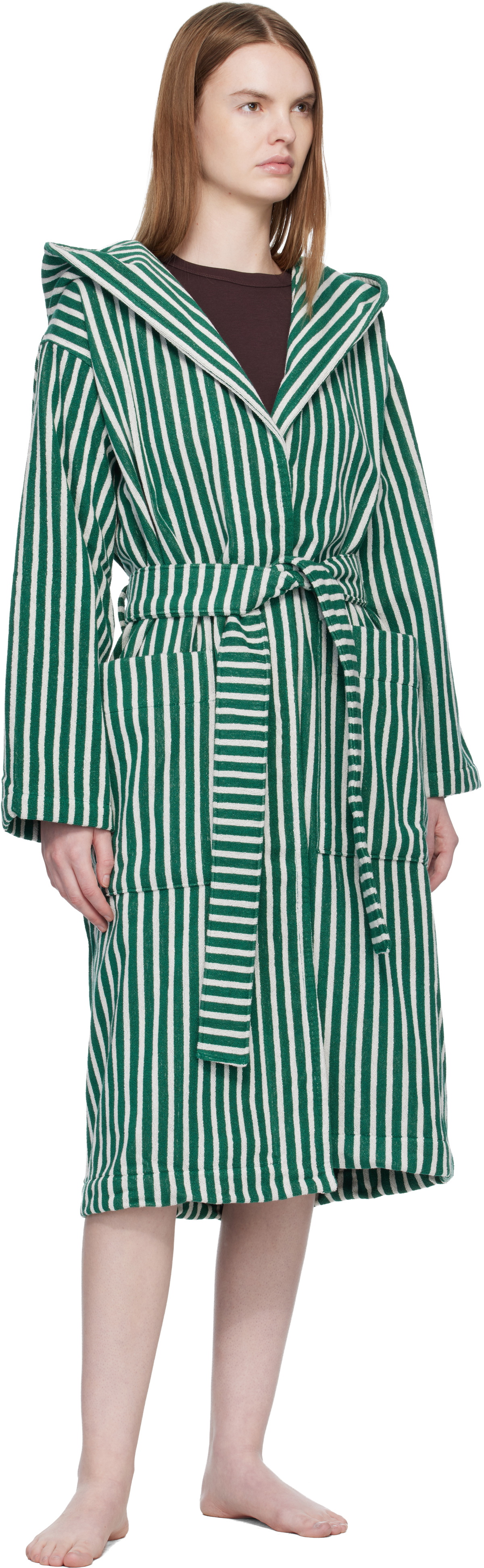 Tekla Green & White Terry Hooded Bathrobe