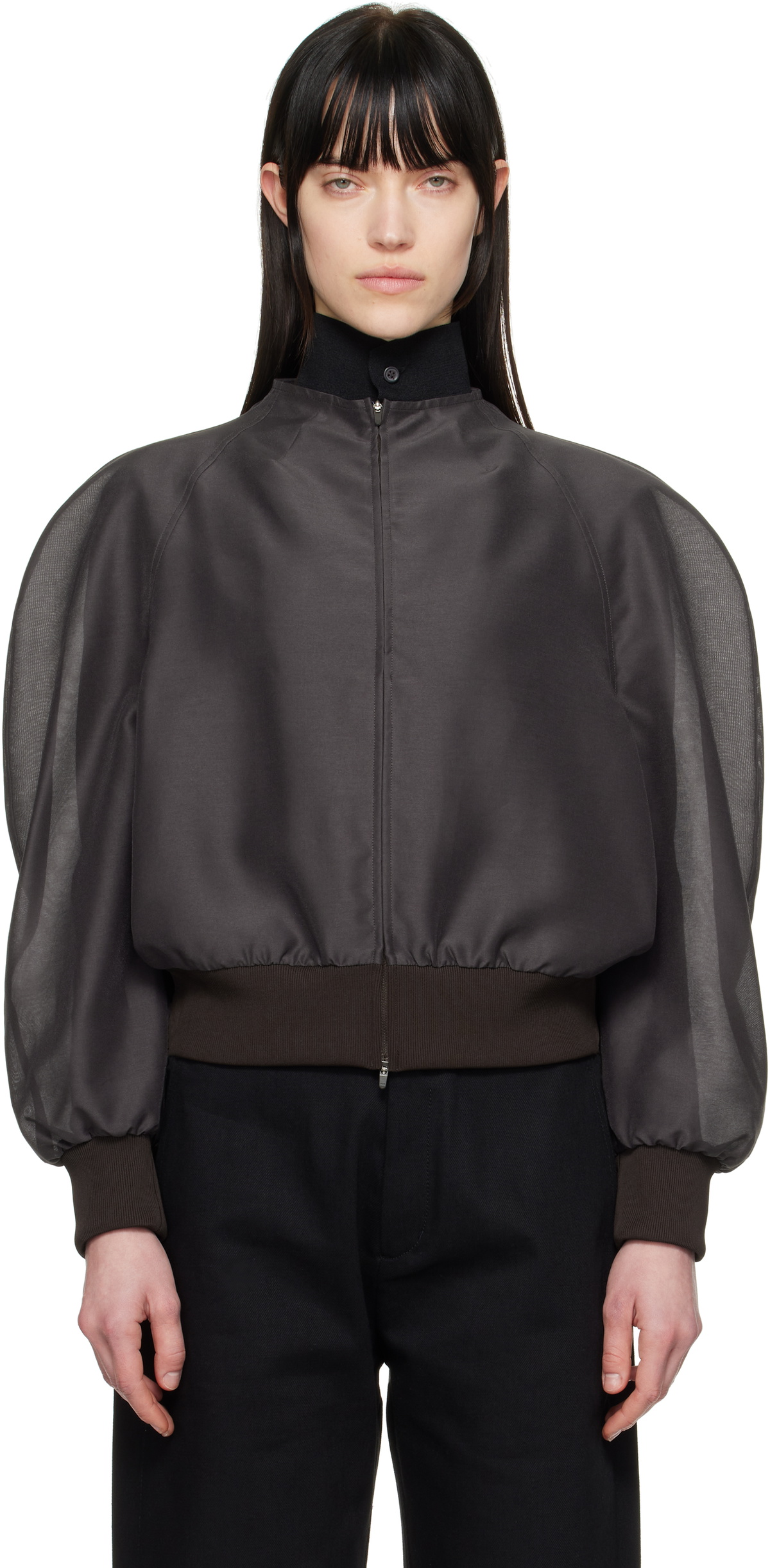 AMOMENTO Gray Mock Neck Organza Jacket