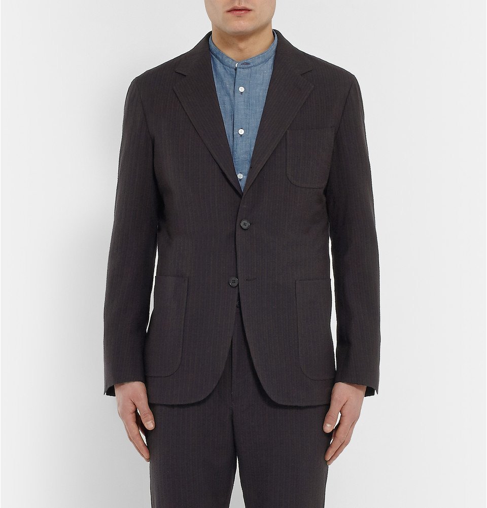 Camoshita Slim Fit Striped Wool and Cotton Blend Seersucker Suit Jacket Navy