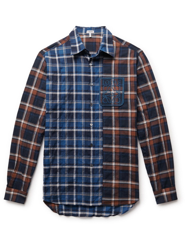 Photo: Loewe - Logo-Embroidered Patchwork Checked Cotton-Blend Flannel Shirt - Blue