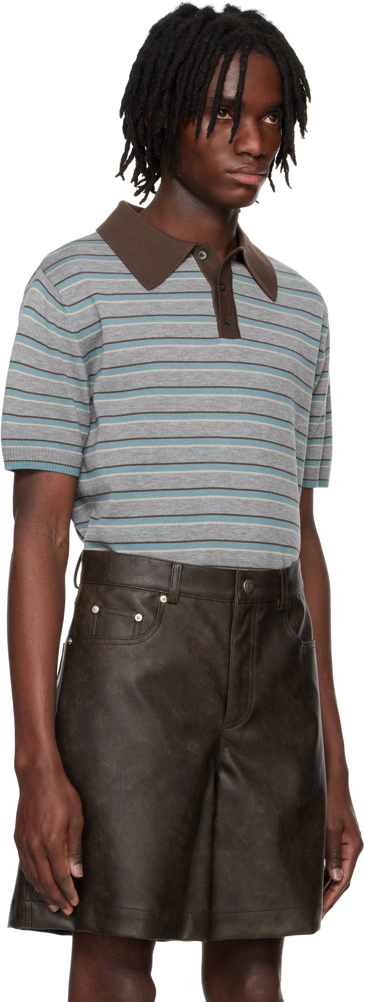 System Gray Striped Knitted Polo