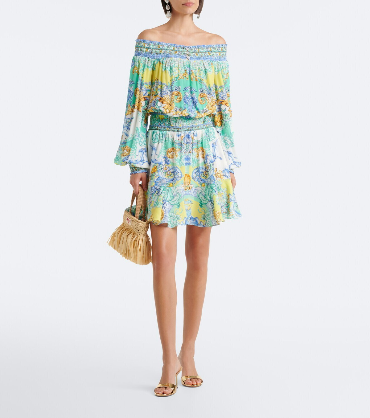 Camilla Printed embellished off-shoulder silk minidress