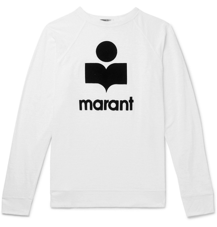 Photo: Isabel Marant - Kieffer Logo-Flocked Linen-Jersey T-Shirt - White