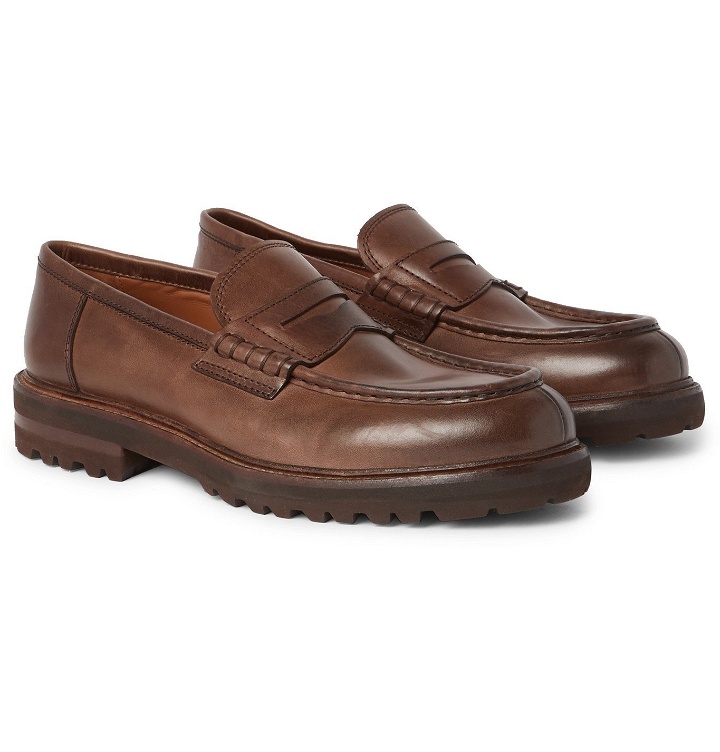 Photo: Brunello Cucinelli - Burnished-Leather Penny Loafers - Brown