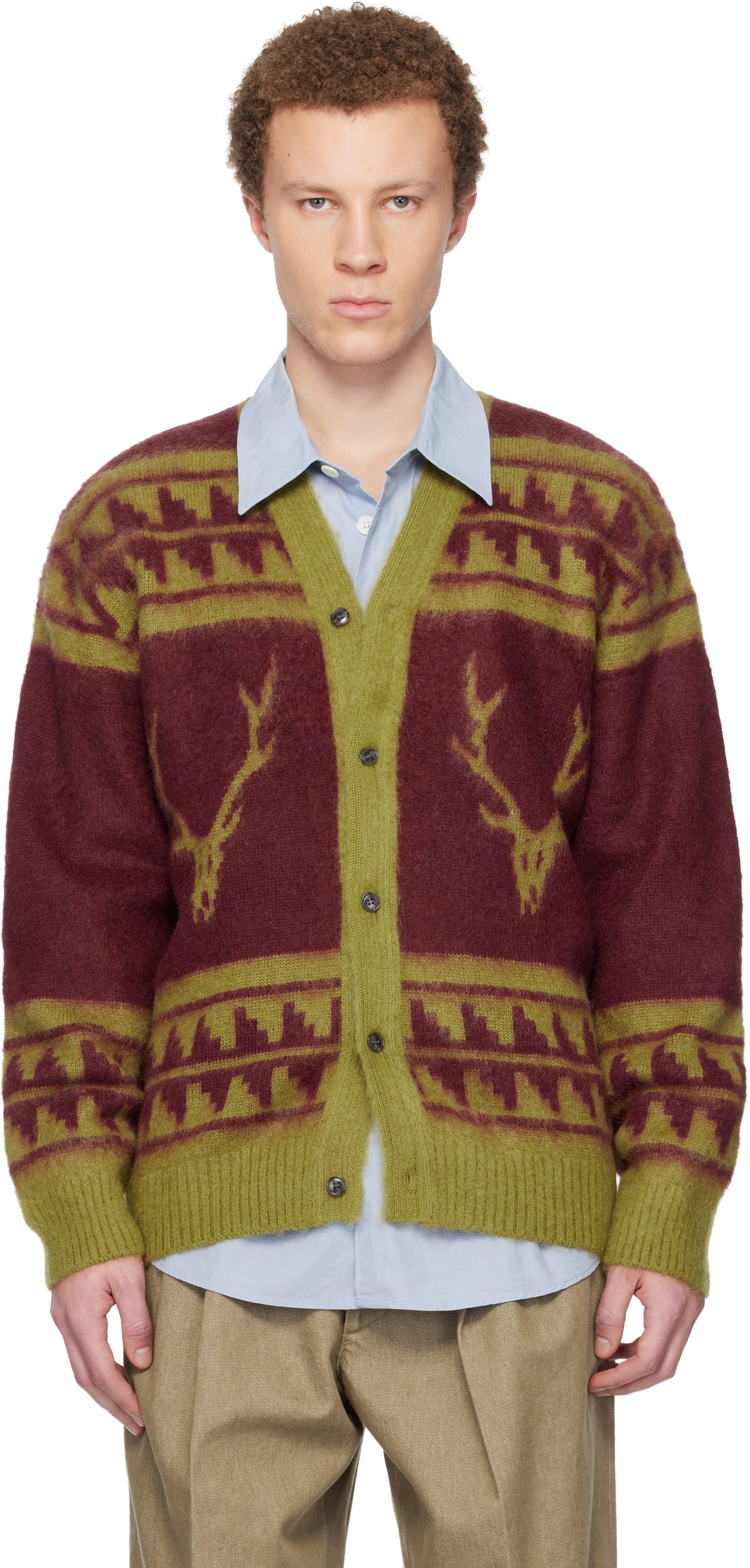 South2 West8 Red & Green Mohair V-Neck Cardigan