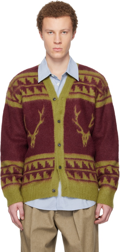 Photo: South2 West8 Red & Green Mohair V-Neck Cardigan
